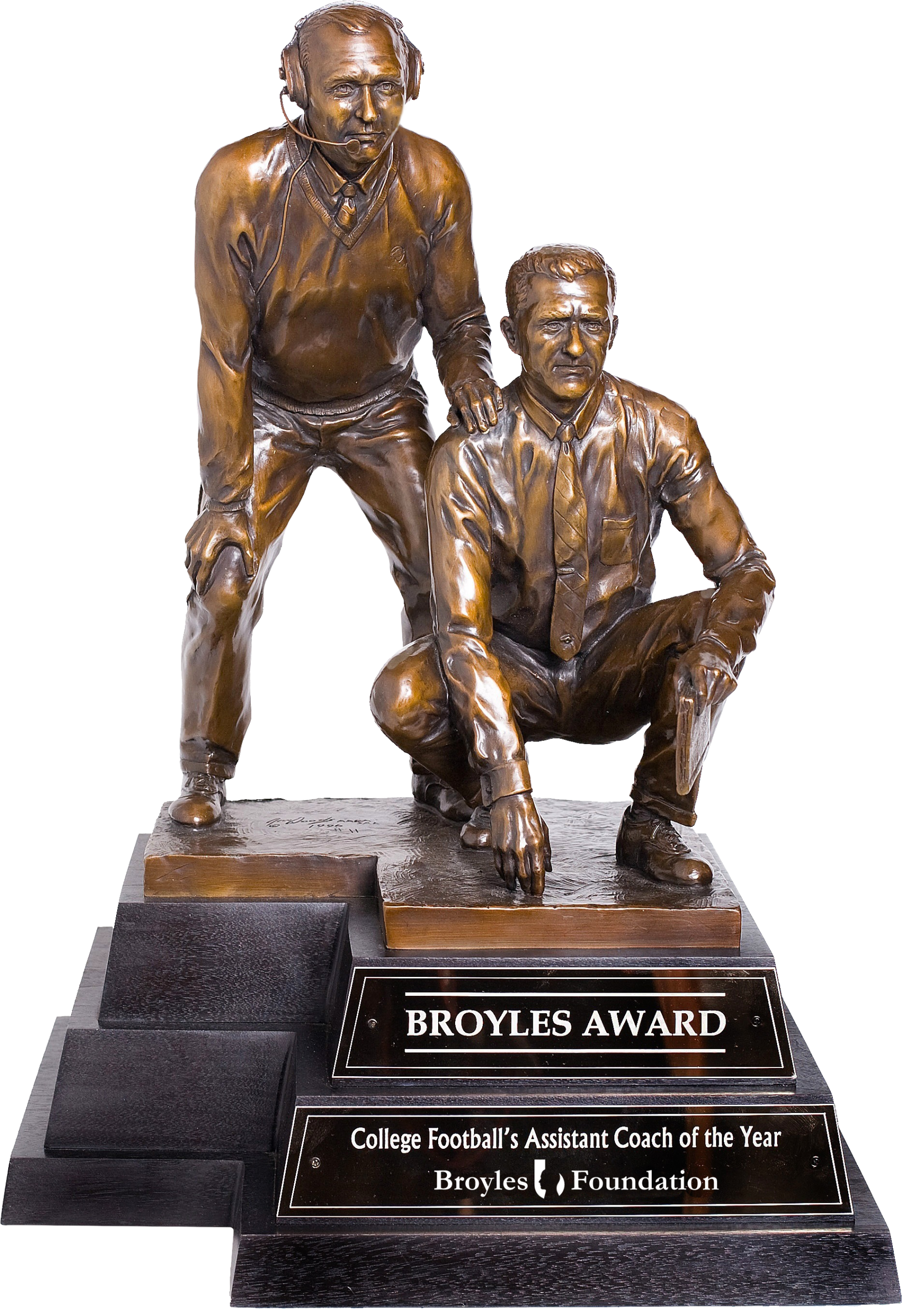 The Broyles Award trophy — two bronze coaches on a black base
